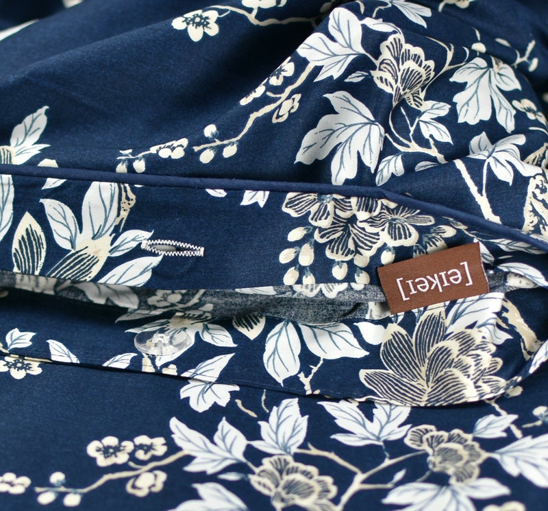 Eikei Eastern Floral Chinoiserie Blossom Print Duvet Quilt Cover Navy Blue Tan White Asian Style Botanical Tree Branches Ornamental Drawing 400TC Egyptian Cotton 3pc Bedding Set (King) - Image 3